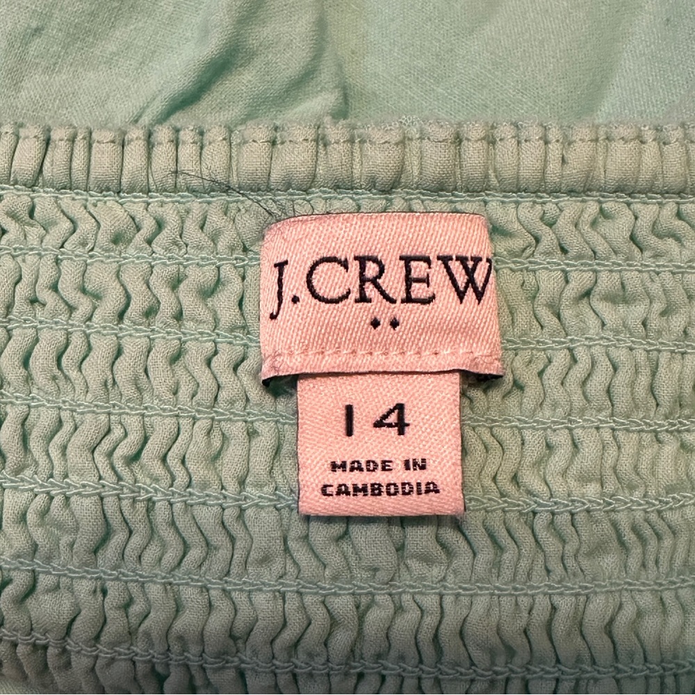 J.Crew Linen Blend Sunwashed Mint Midi Dress Size 14 Smocked Back Side Slit - Picture 12 of 15